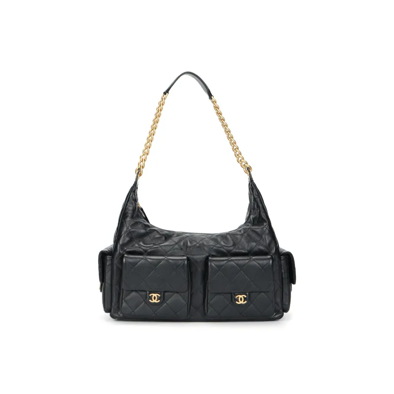 CHANEL Shiny Lambskin Hippie Bag, Motorcycle Bag, Shoulder Bag Women's Black-0
