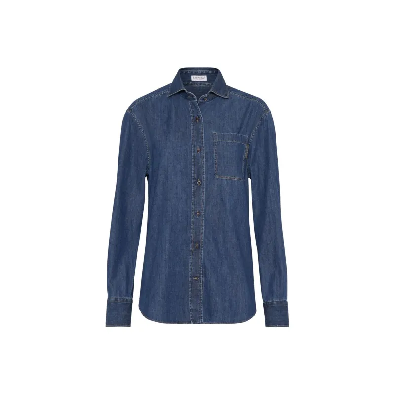 Brunello Cucinelli Buttoned Curved Hem Denim Shirt-0