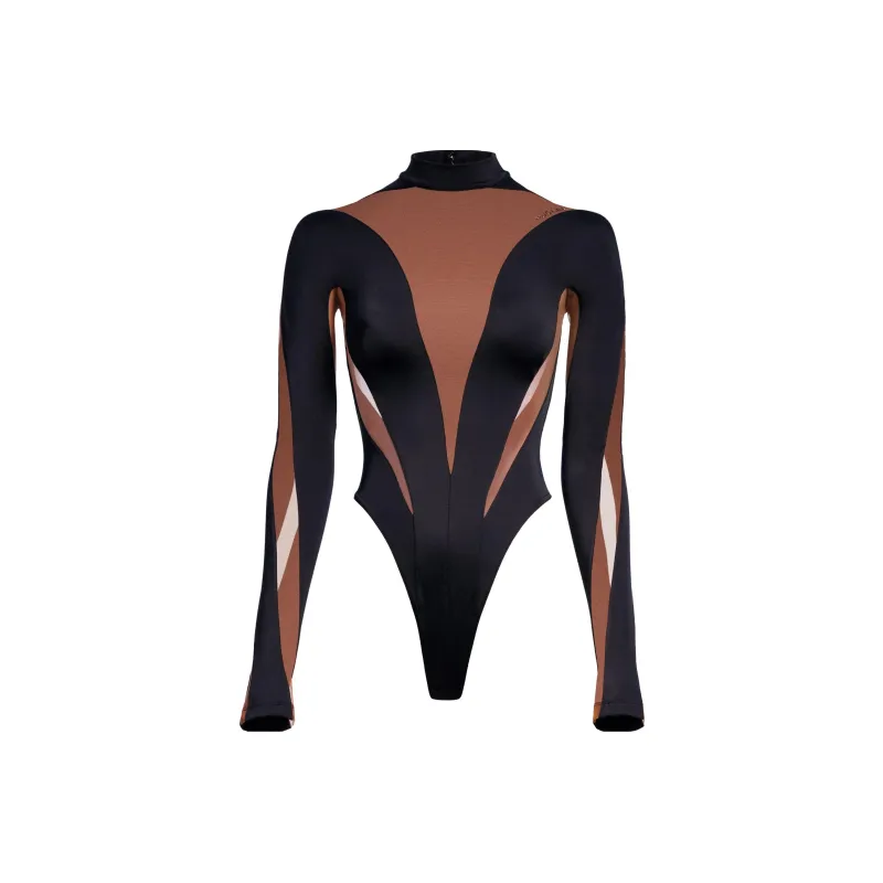 Mugler H&M Mesh Paneled Bodysuit Dark Brown/Black-0