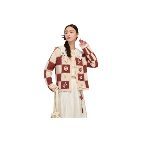 ZIHAN Knitwear Women's Beige Base Red Plaid