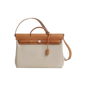 HERMES Messenger Canvas With Leather Handbag Men's Concrete Gray With Light Tea Brown