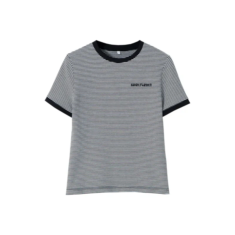 SOON FLOWER Summer T Shirt Women's Black White Stripes-0