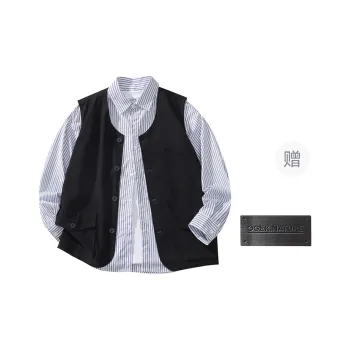 OGEK Shirt Matching Set Unisex Black+Blue White Stripes Shirt Includes Brooch