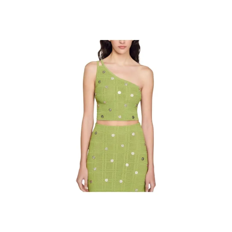 Sandro One Shoulder Crop Top Strapless Top Women's Green-0