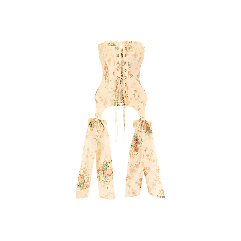 Selkie Collection FW23 Strapless Top Women's Yellow With Vine Rose Print-0