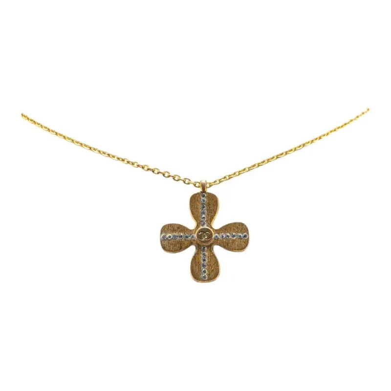 CHANEL 2001 Plated Rhinestones Clover Pendant Necklace Costume Necklace-0