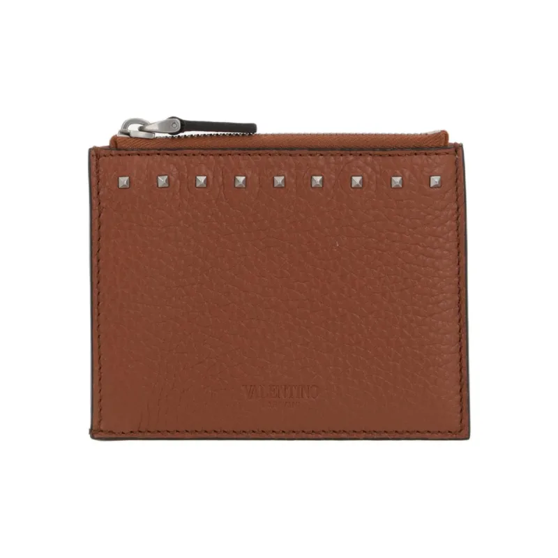 Valentino Rockstud Calfskin Card Holder Regular Men's Brown-0