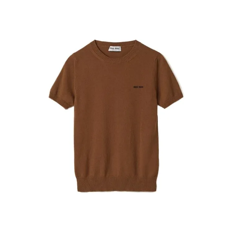 MIU MIU Logo Intarsia Knitted Short Sleeved Pullover-5