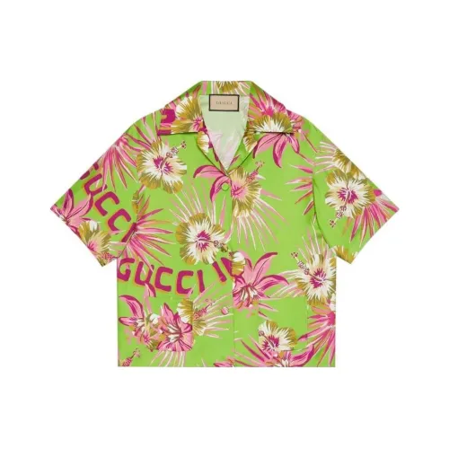 GUCCI Printed Silk Bowling Shirt Green/Pink