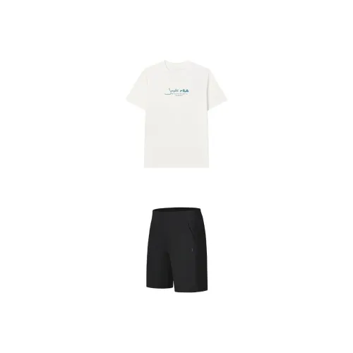FILA Casual Sportswear Men Clothing Set Cloud White Top+Pitch Black Shorts