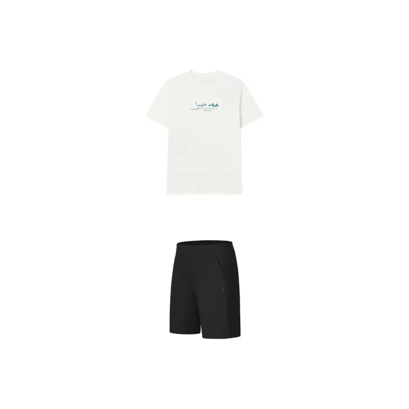 FILA Casual Sportswear Men Clothing Set Cloud White Top+Pitch Black Shorts-0