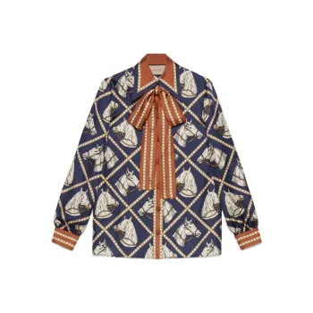 GUCCI Equestrian print Silk Pussy bow Blouse