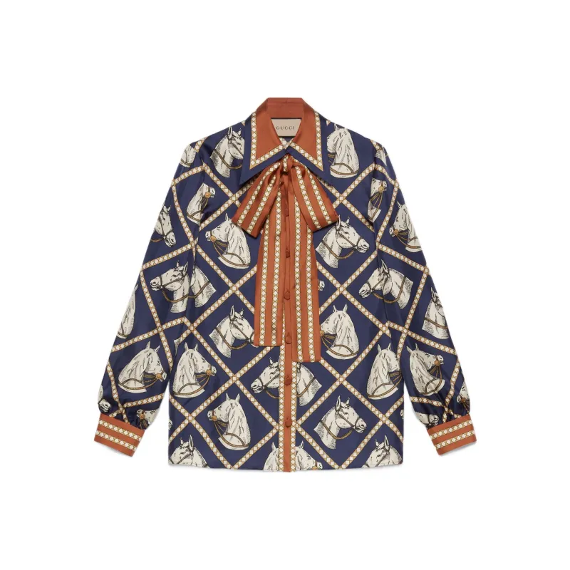 GUCCI Equestrian print Silk Pussy bow Blouse-0