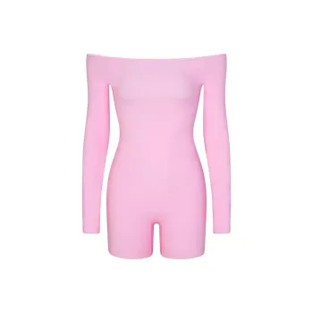 SKIMS Valentine's Day FITS EVERYBODY PICOT TRIM Off THE SHOULDER ONESIE Bodysuits Women's BUBBLE GUM/Bubble Gum
