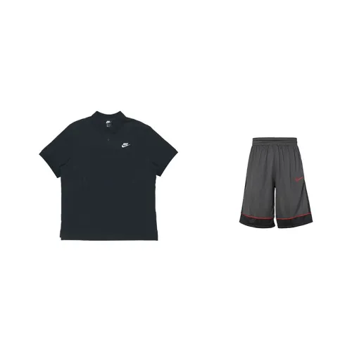 Nike Casual Sportswear Unisex Clothing Set Black Top+Gray tiered shorts
