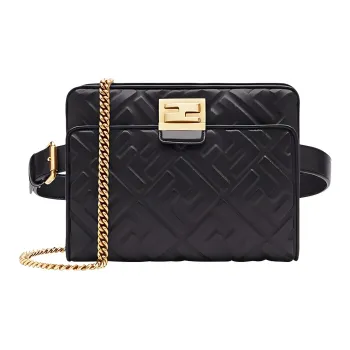 FENDI Lambskin Fanny Pack, Shoulder Bag, Crossbody Bag Women's Black/Gold