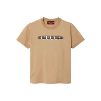 GUCCI Pre Fall Collection Logo Letter Webbing Print Crew Neck Short Sleeved T Shirt T Shirt Women's Beige