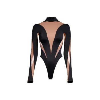 H&M Mesh Paneled Bodysuit Beige/Black
