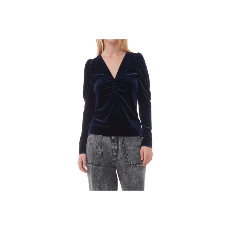 GANNI Puff-Sleeved V-Neck Velvet Blouse-0