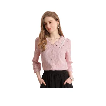 FENHONGMALI Shirt Women's Pink White Plaid