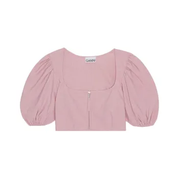GANNI Drapey Melange Cropped Zipper Blouse 'Pink'