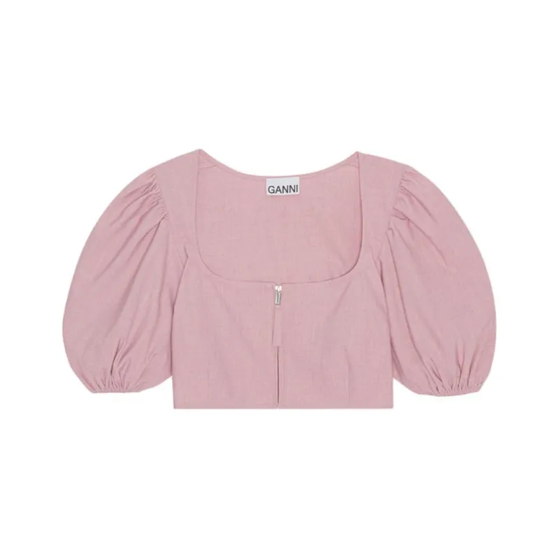 GANNI Drapey Melange Cropped Zipper Blouse 'Pink'-0