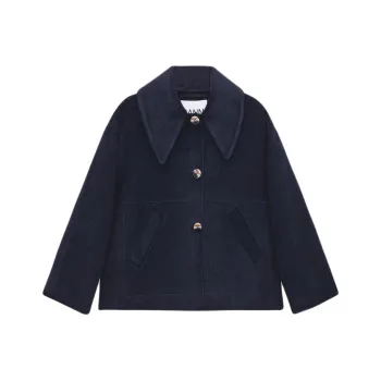 GANNI Blue Wool Wide Collar Jacket Jackets Coats Women's Marine Blue