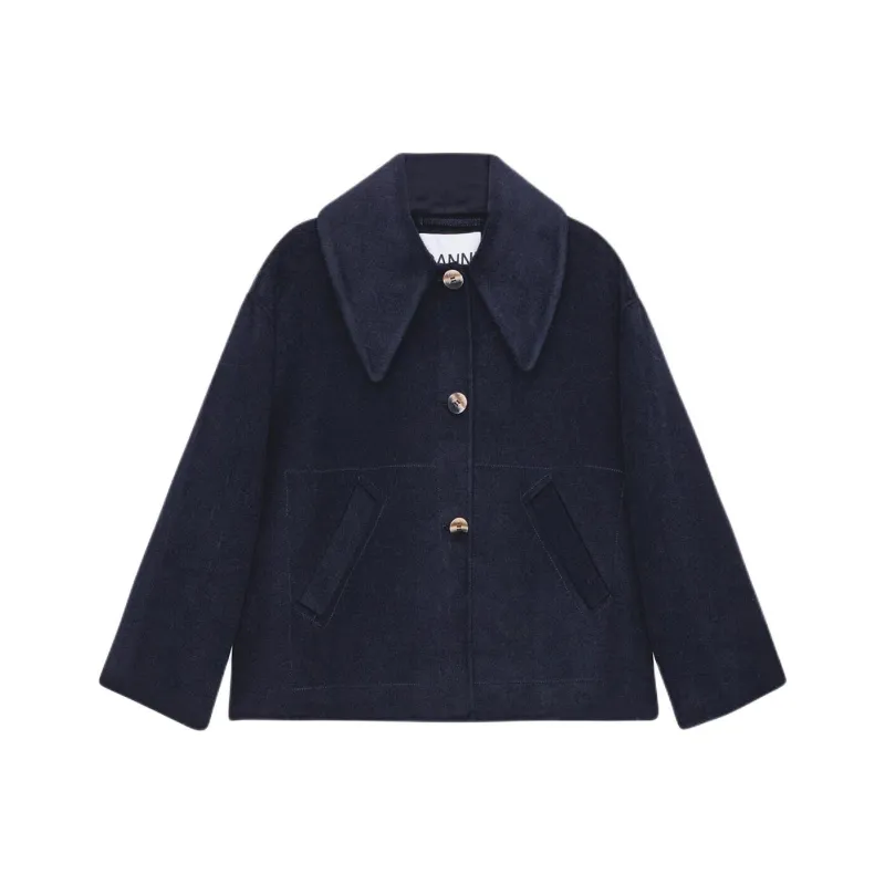 GANNI Blue Wool Wide Collar Jacket Jackets Coats Women's Marine Blue-0