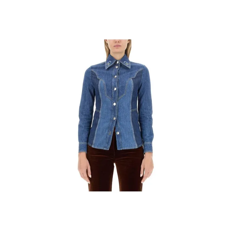 ETRO Floral Embroidered Button Up Denim Shirt-0