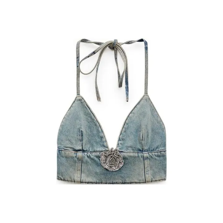 Barbie X ZARA X Barbie Co-brand Strapless Tops Women's Denim Blue-0