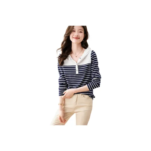 Mo Han Yi Mei T Shirt Women's Navy Blue Stripes