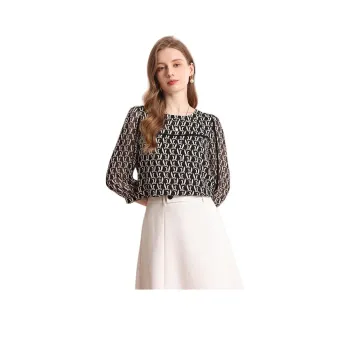 FENHONGMALI Shirt Women's Black Base With White Flowers