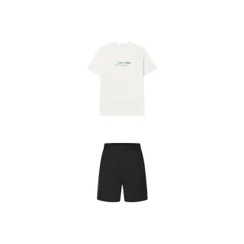 FILA Casual Sportswear Men Clothing Set Cloud White Top+Pitch Black Shorts