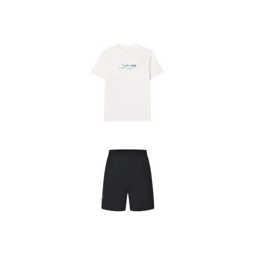 FILA Casual Sportswear Men Clothing Set Cloud White Top+Pitch Black Shorts
