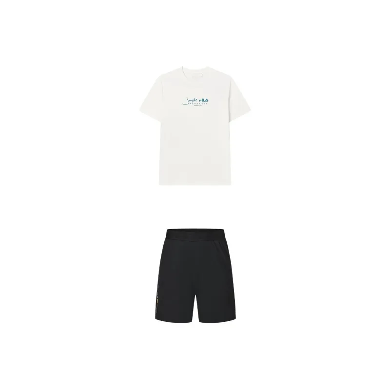 FILA Casual Sportswear Men Clothing Set Cloud White Top+Pitch Black Shorts-0