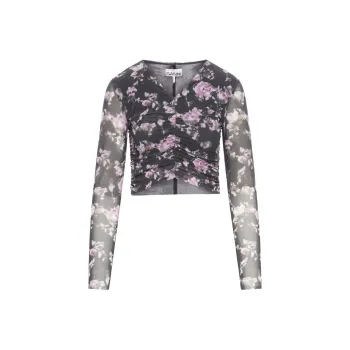 GANNI Phantom Floral Printed Mesh Ruched Blouse