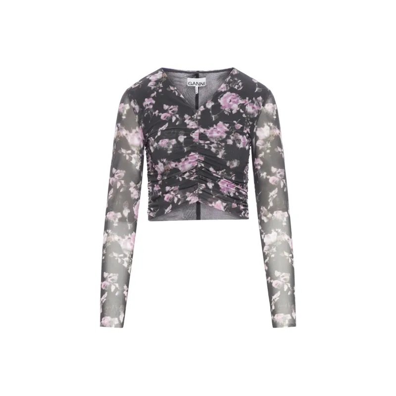 GANNI Phantom Floral Printed Mesh Ruched Blouse-0