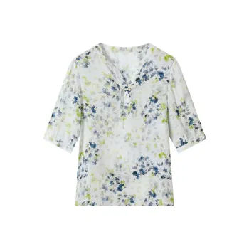 H-YXIANG T-Shirt Women's White Base Gray Yellow Small Floral