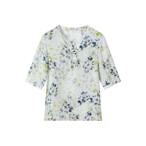 H-YXIANG T-Shirt Women's White Base Gray Yellow Small Floral