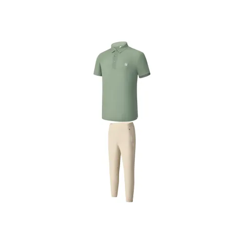 FILA Casual Sportswear Men Set Wave Gray Green Top+Wheat Brown Pants