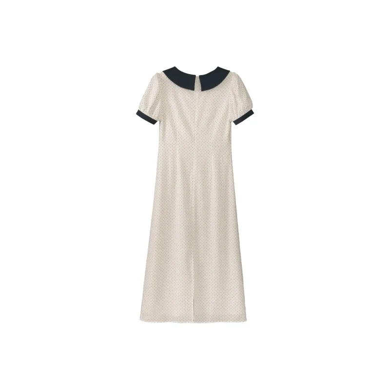 Fstudio Korean Style Elegance Color Block Cinched Waist Short Sleeved Dress Women's Beige Apricot-2