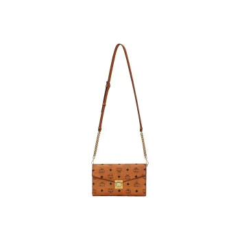 MCM Millie Visetos Canvas With Leather Chain Bag, Shoulder Bag, Crossbody Bag Medium Size Women's Brown Cognac