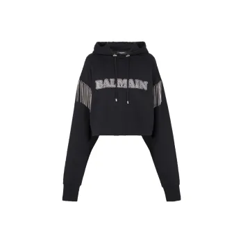 BALMAIN Embellished Cropped Hoodie 'Black/Crystal'
