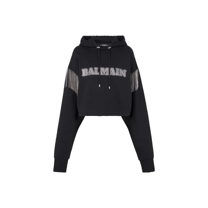 BALMAIN Embellished Cropped Hoodie 'Black/Crystal'-0