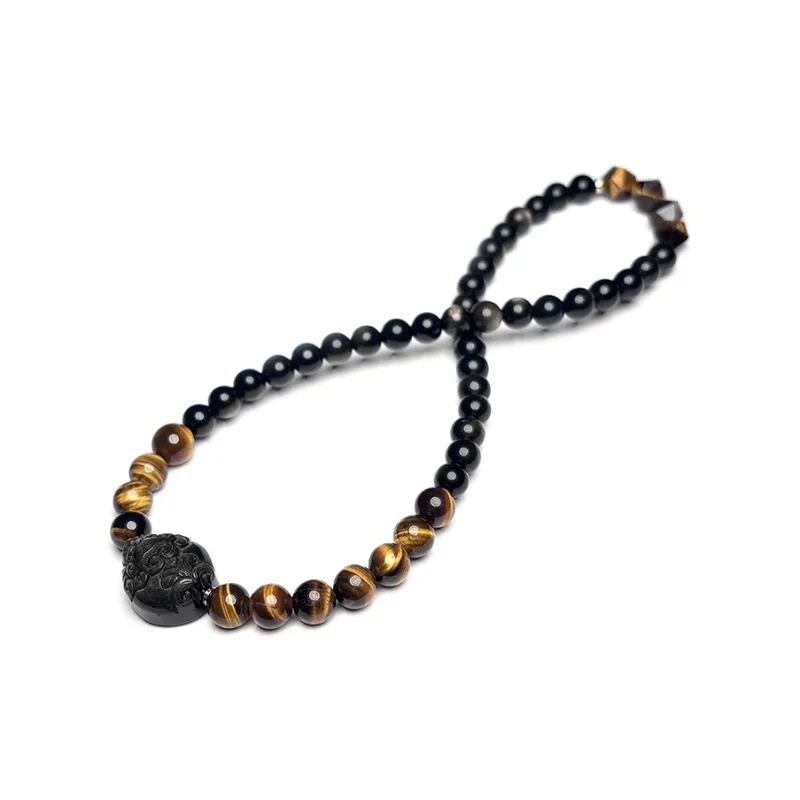 MOUNTAINS AND MANS Natural Obsidian New Chinese Style Stackable Good Luck Beaded Bracelet Unisex-4