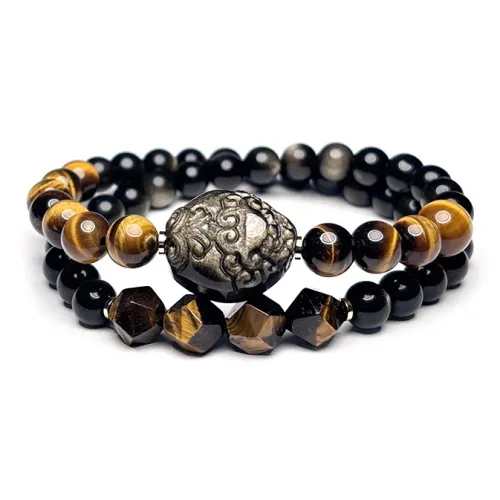 MOUNTAINS AND MANS Natural Obsidian New Chinese Style Stackable Good Luck Beaded Bracelet Unisex