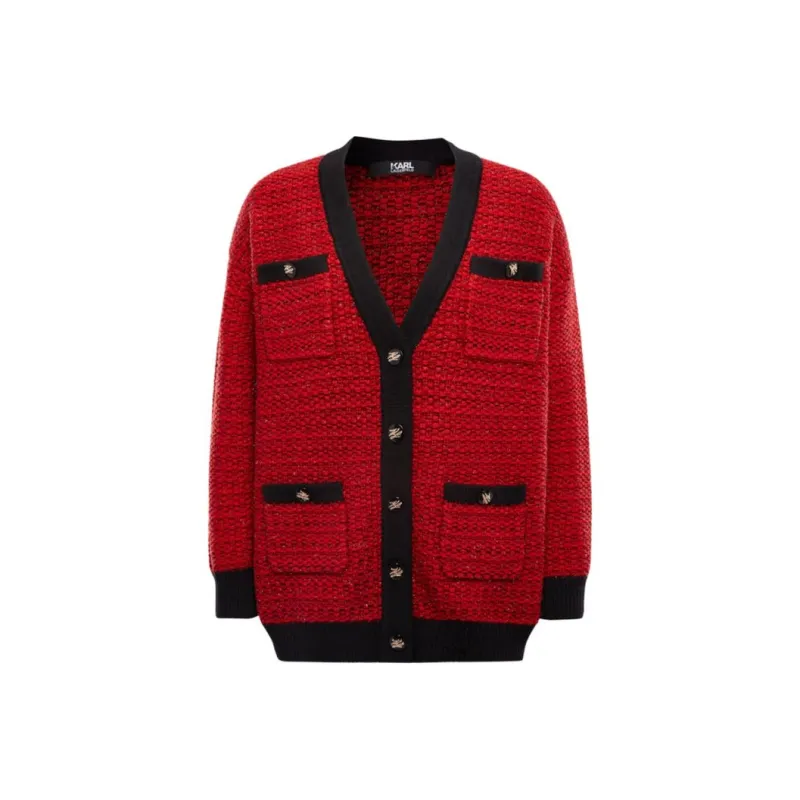KARL LAGERFELD Long Sleeved Knitted Fabric Cardigan Women's Red-0