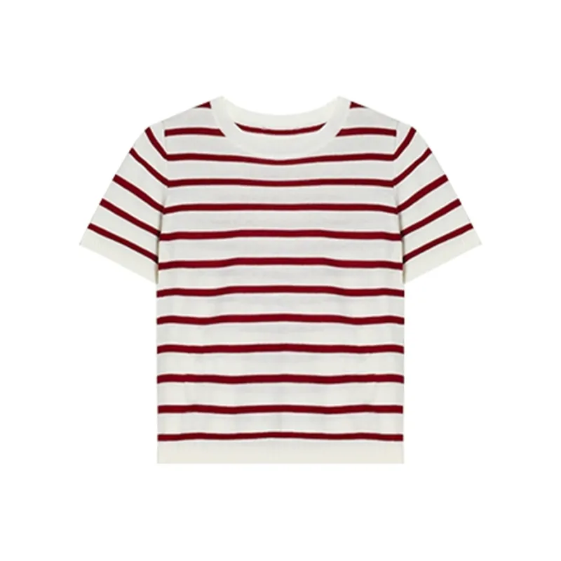 RTNH Spring Summer Regular T Shirt Women's Red White Stripes-0