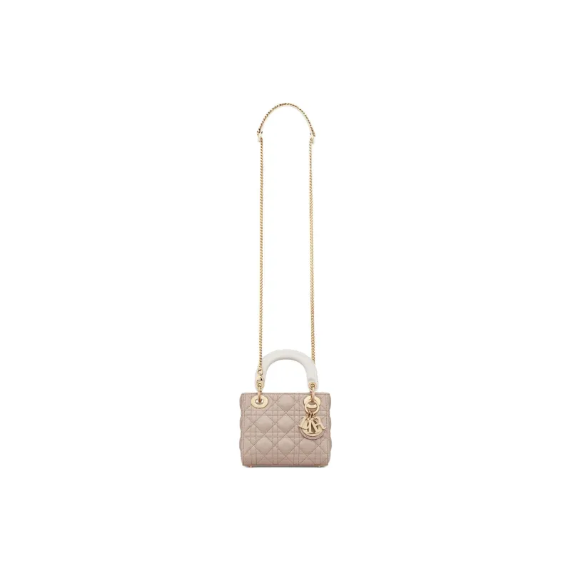 DIOR Lady Dior Sheepskin Shoulder Bag, Crossbody Bag, Handbag Mini Women's Brown, Beige, And Milk White-4