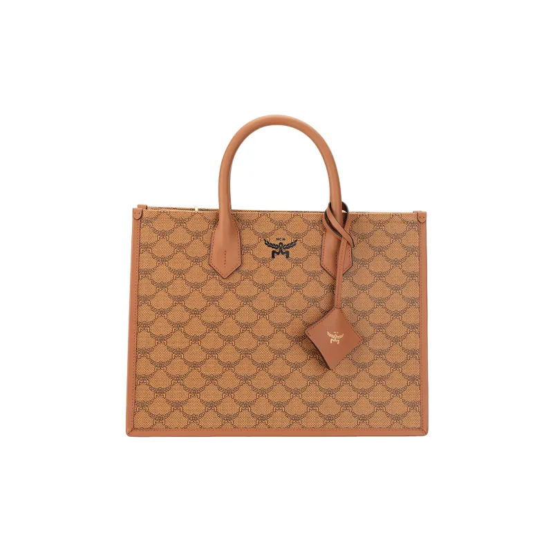 MCM Leather Paneled Canvas Tote Bag, Shopping Bag, Shoulder Bag, Crossbody Bag, Handbag Medium Size Women's Tan-0